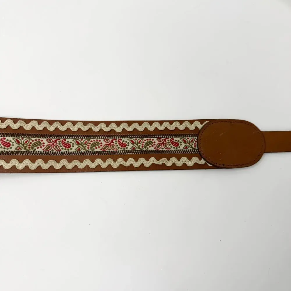 Brown Leather Folk Belt Paisley Fabric Rickrack Festival Ren Faire Peasant Sz M - Picture 9 of 12